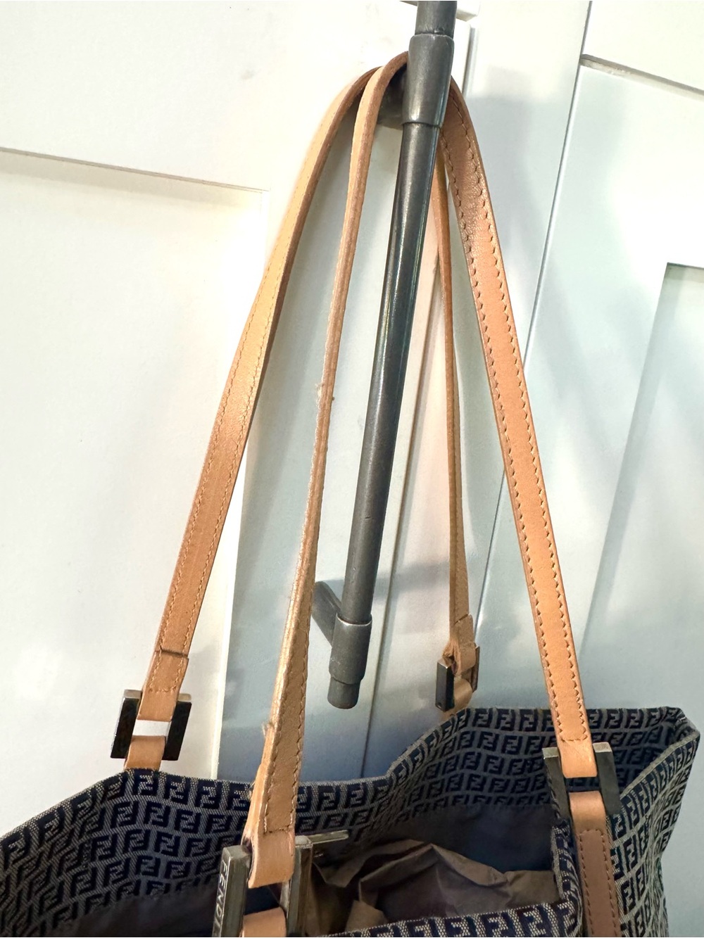 FENDI Zucca FF Navy Monogram Canvas Leather Tote Bag Made In Italy LIKE NEW - Picture 8 of 14